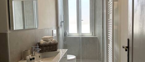Regadera, secadora de cabello, bidet, toallas