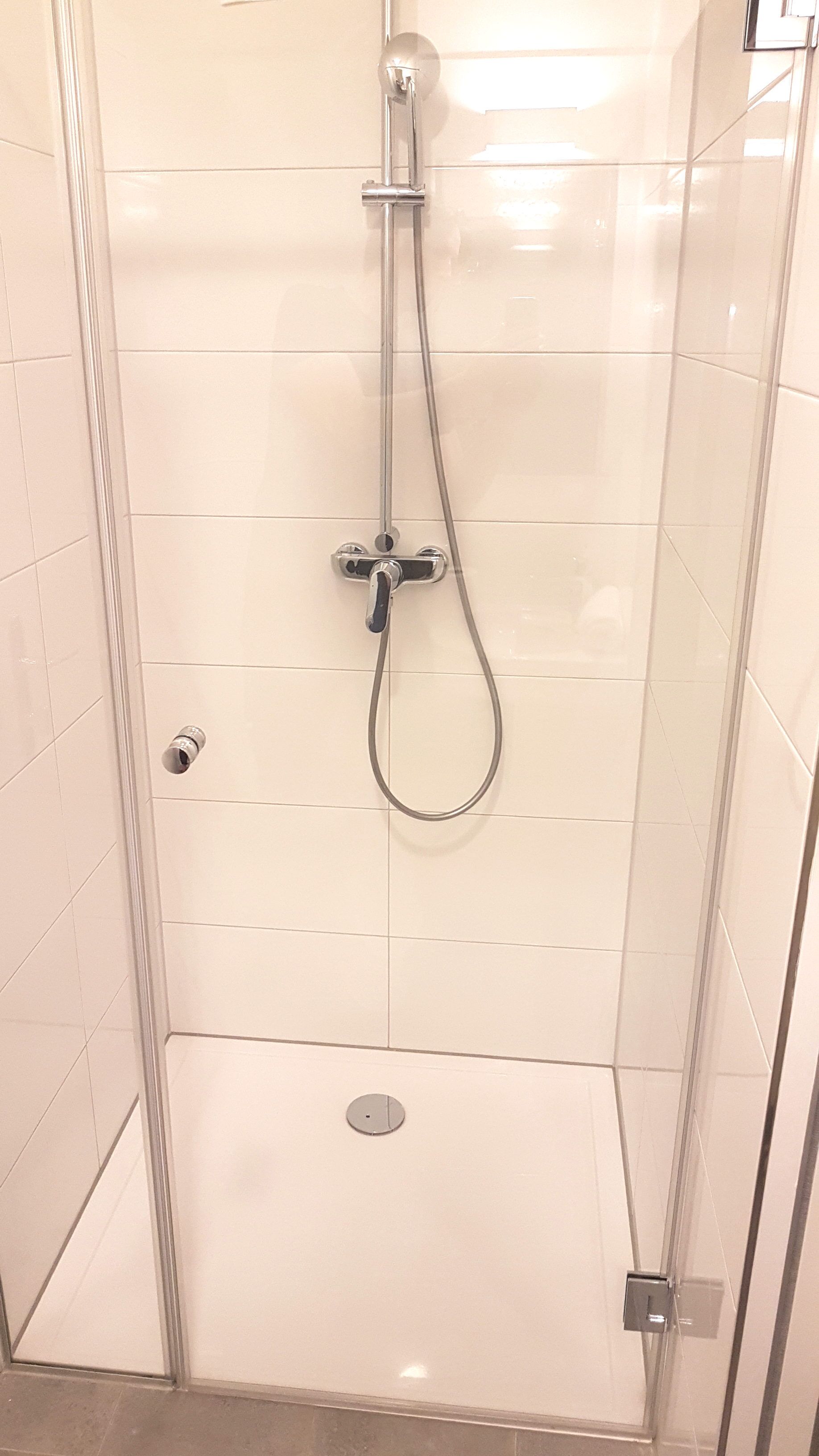 A glass-enclosed shower with a handheld showerhead and a wall-mounted control.