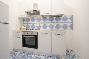 A compact kitchen with a built-in oven, a gas stove, and a sink. - Villa Carrino 2 (Positano)
