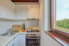 A kitchen with white cabinets, a stove, an oven, and a window with a view of greenery. - Lovely House Near Zagreb With Terrace (Ivanic-Grad)