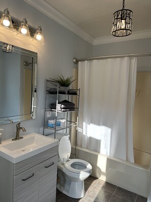 Hair dryer, towels, soap, shampoo