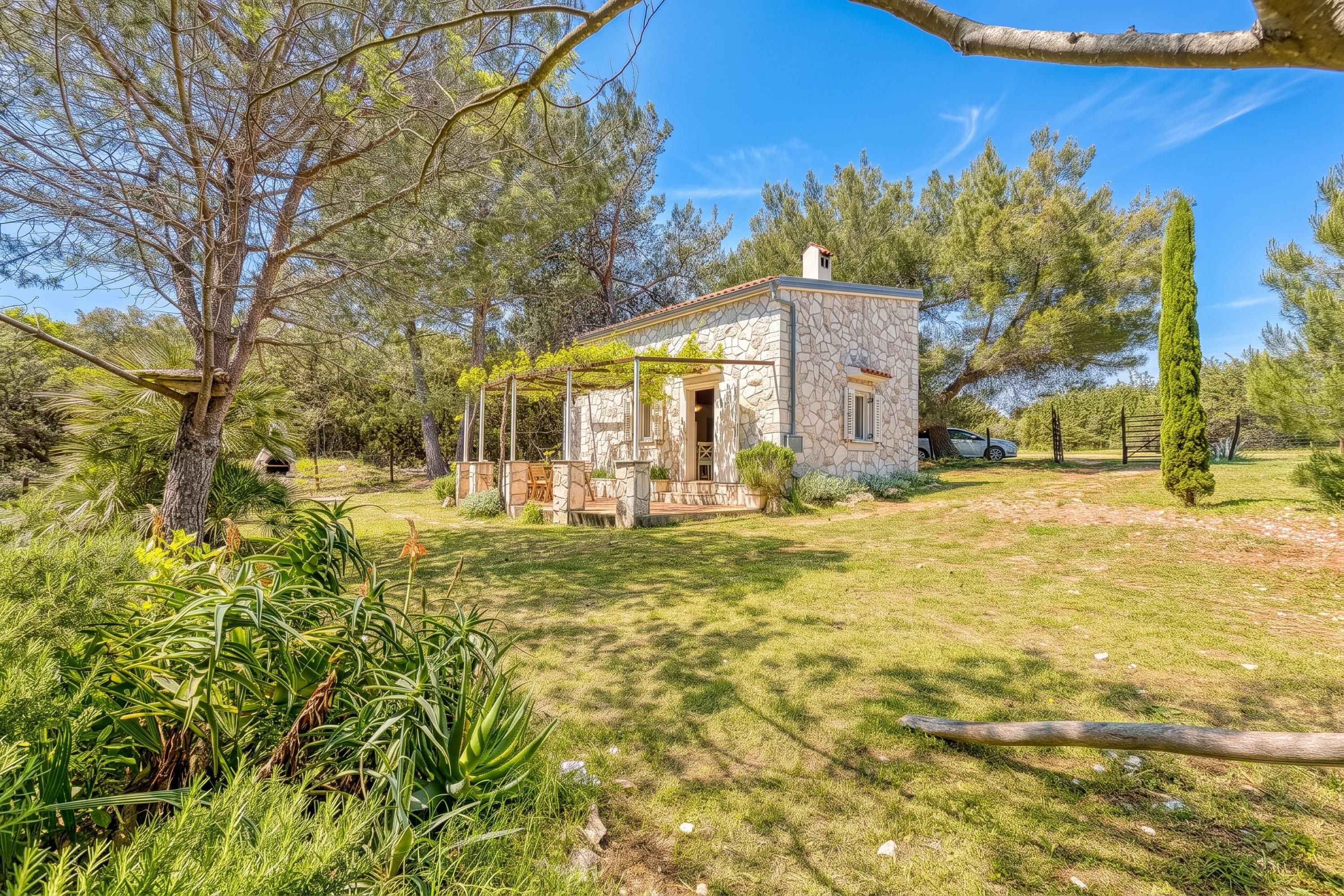 Una casa de piedra con una terraza de madera, rodeada de vegetación exuberante y árboles.