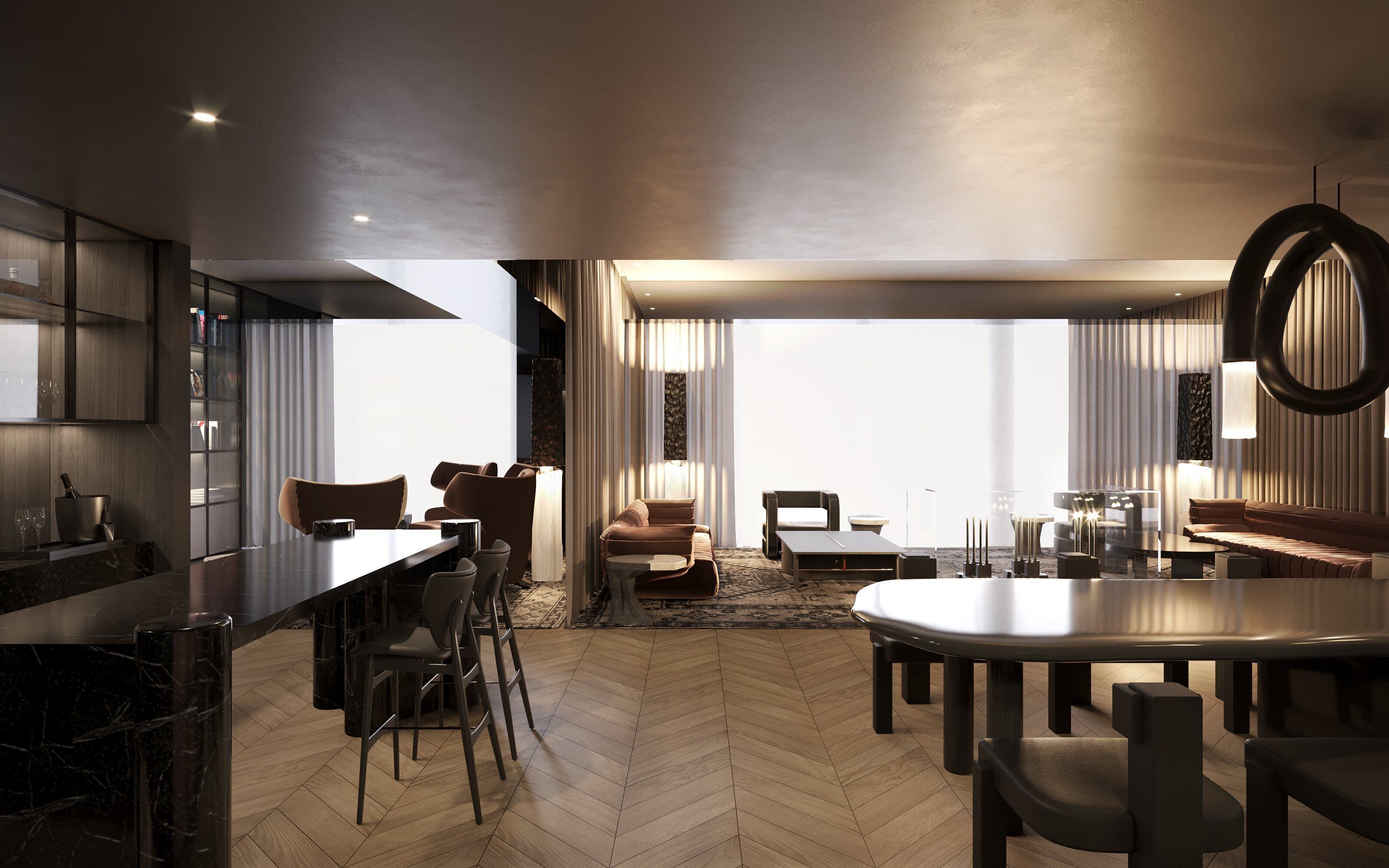 Een moderne hotelkamer met een eethoek, een bank en een groot raam met uitzicht.