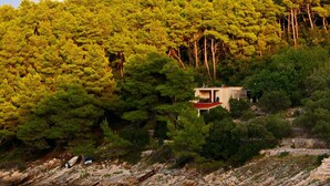 A coastal house surrounded by dense pine trees, with a rocky shoreline and a small dock. - Apartments Sunset - Two Bedroom Apartment with Terrace and Sea View (Blato)