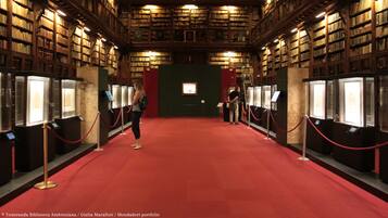 A library interior with bookshelves, red carpet, and display cases.
