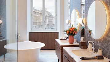 Hair dryer, towels, soap, shampoo