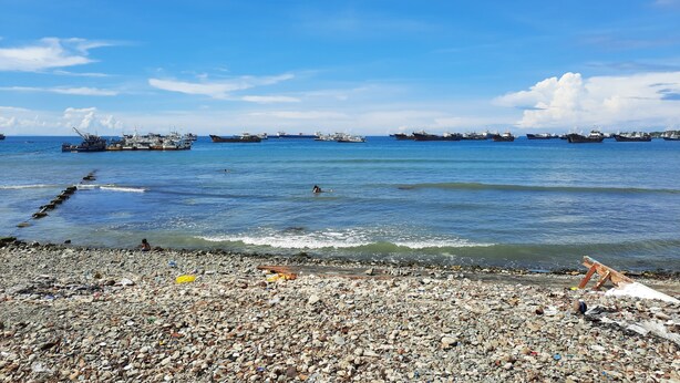 Una playa de guijarros con vistas al mar y varios barcos grandes al fondo.