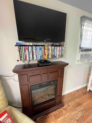 Una Smart TV, una chimenea, videojuegos, un reproductor de DVD