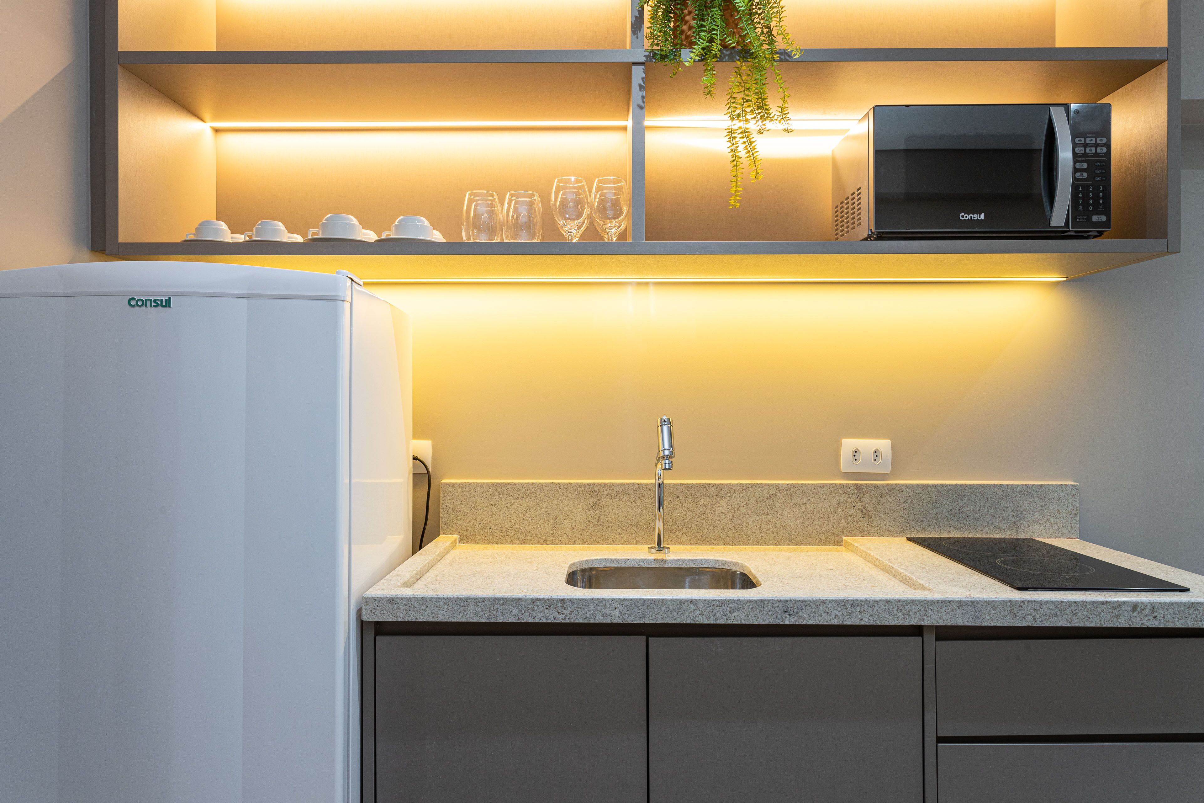 A modern kitchen with a built-in microwave, a sink, and a countertop.