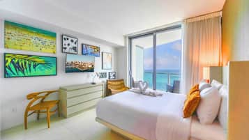 Luxury Apartment, 2 Bedrooms, Beach View | Premium bedding, desk, blackout drapes, iron/ironing board