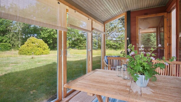 Eine Holzterrasse mit Tisch und Stühlen, einem Blumentopf und Blick auf eine grüne Fläche mit Bäumen.