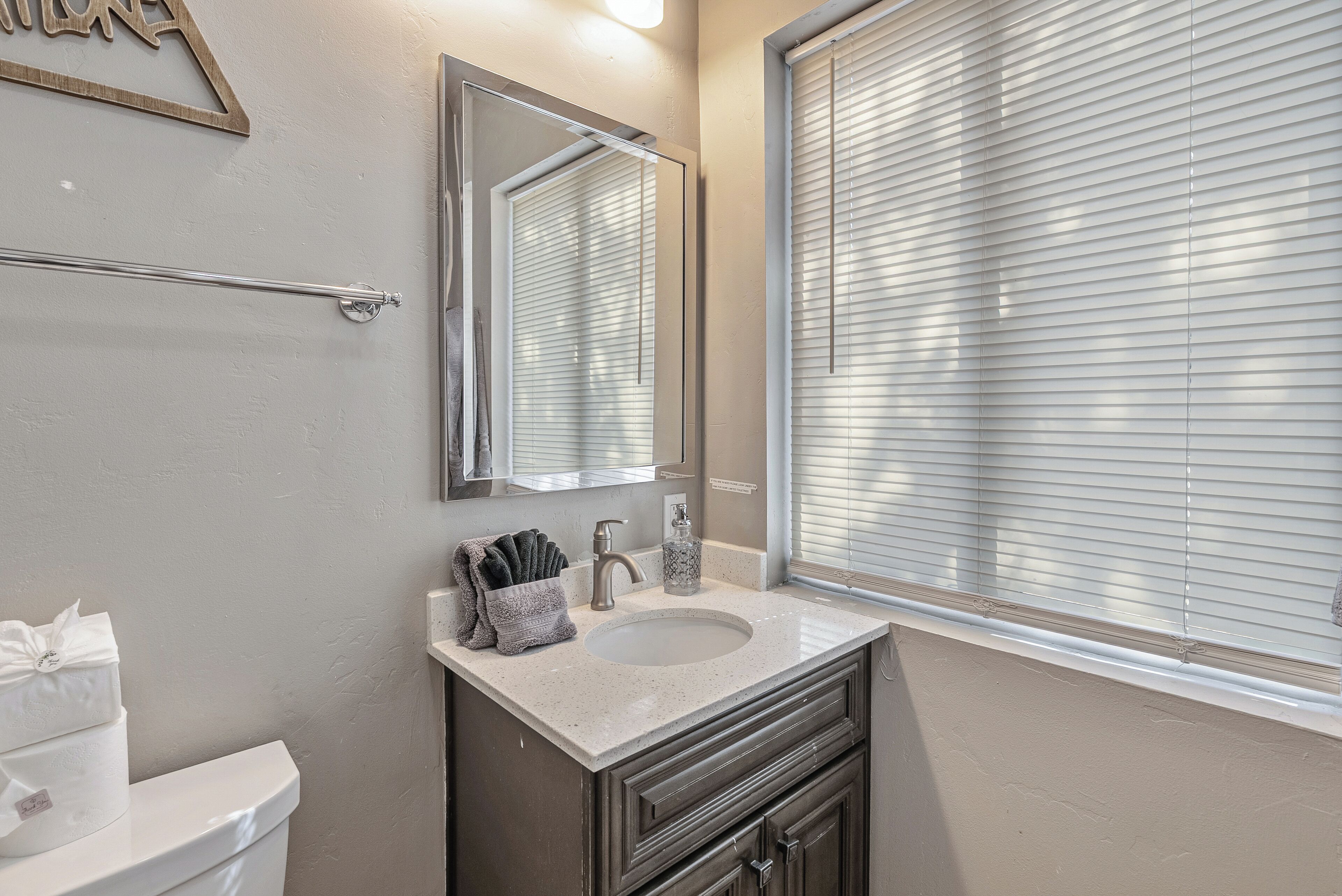 Hair dryer, towels, soap, shampoo