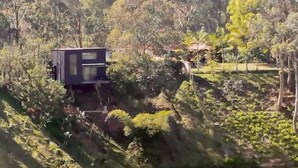 Une petite structure moderne, semblable à un chalet, nichée dans un paysage verdoyant et luxuriant.