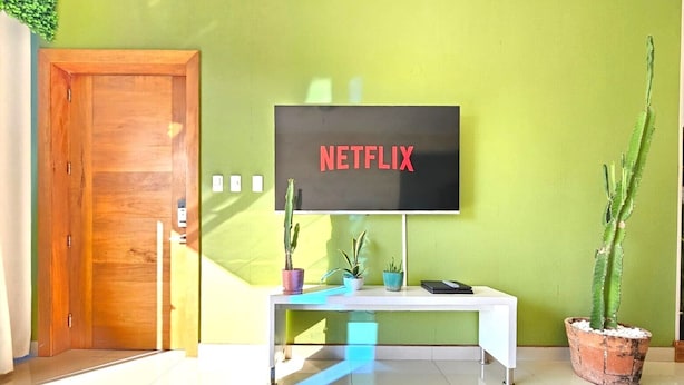 Une pièce avec une porte en bois, une console blanche et deux cactus en pot. Un téléviseur fixé au mur affiche le logo de Netflix.