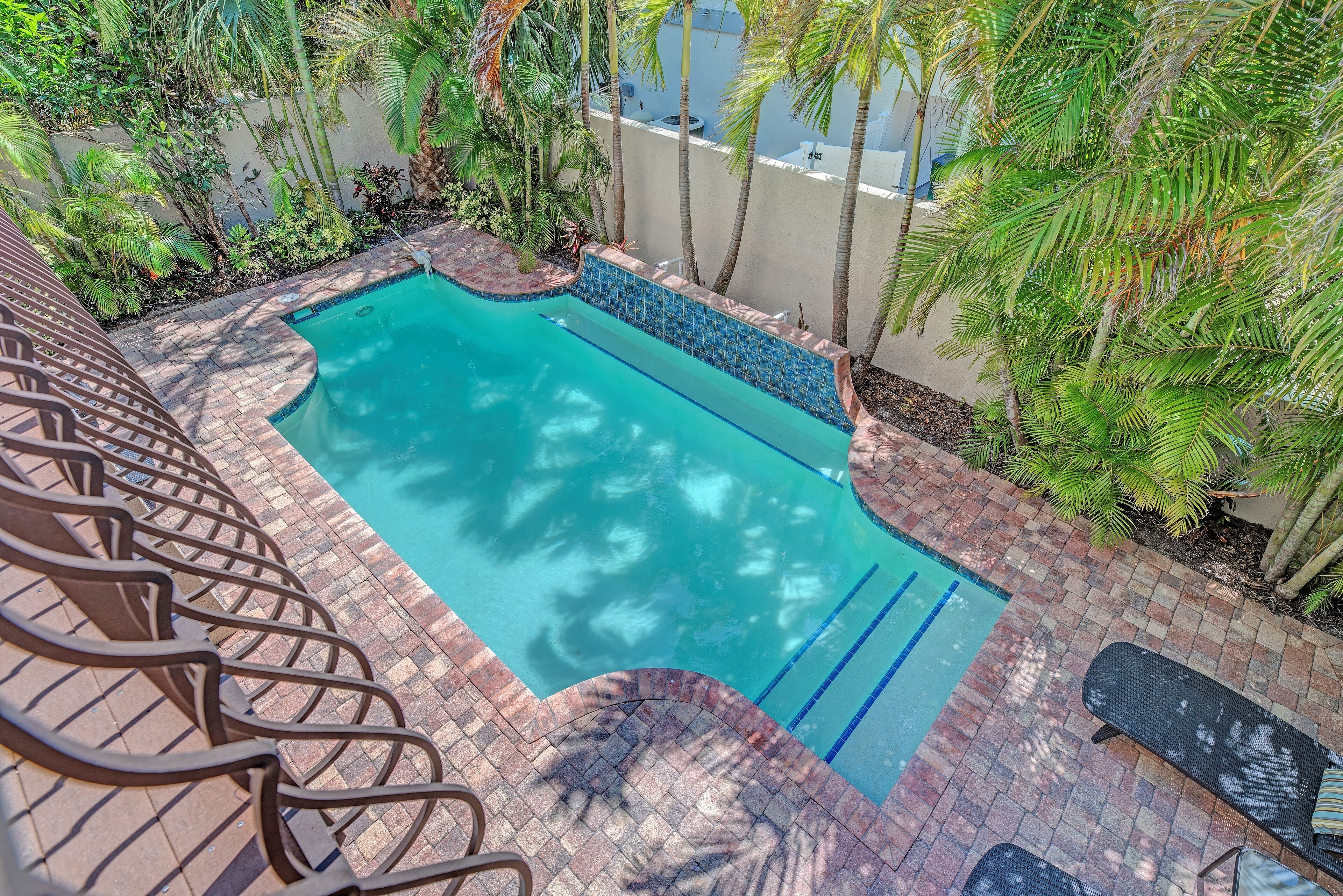 A swimming pool with a tiled edge, surrounded by palm trees and a brick patio.