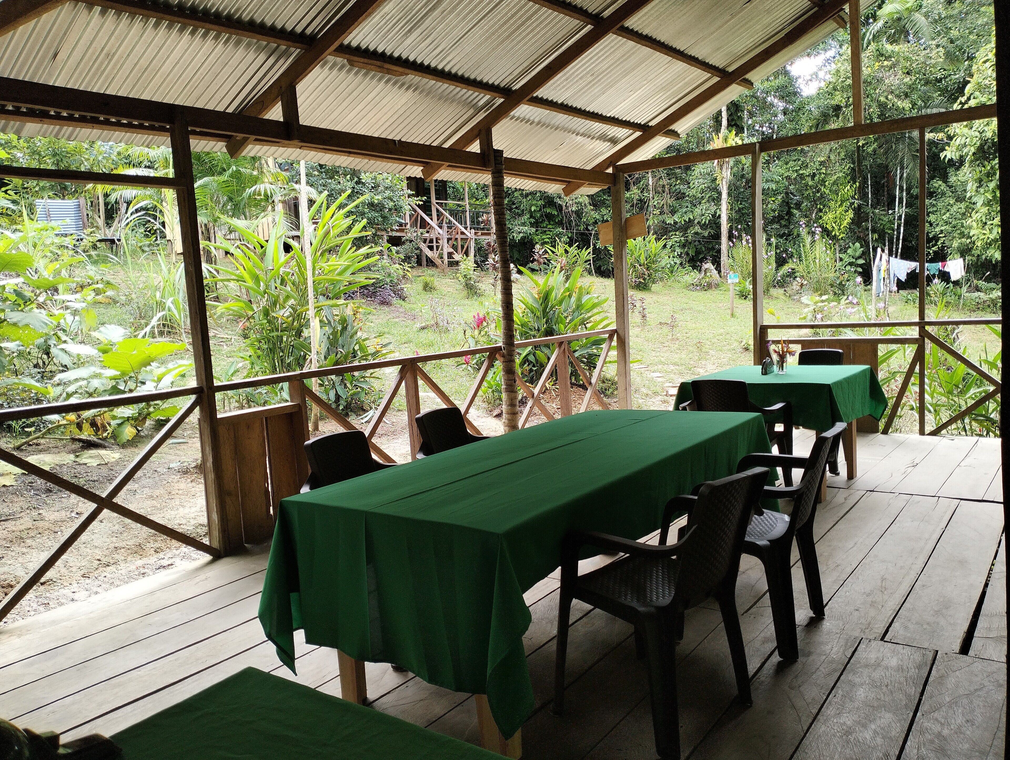 A covered outdoor dining area with tables and chairs, surrounded by lush greenery and a view of the garden.