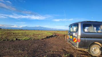 A van parked on a dirt road with a clear view of a mountain range in the distance.