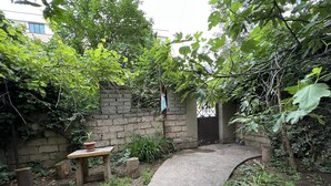 Ein Gartenbereich mit einem geschwungenen Weg, einer Holzbank und verschiedenen Pflanzen.