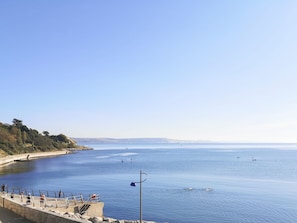 Vista costera con un mar tranquilo, un muelle con gente y un cielo despejado.