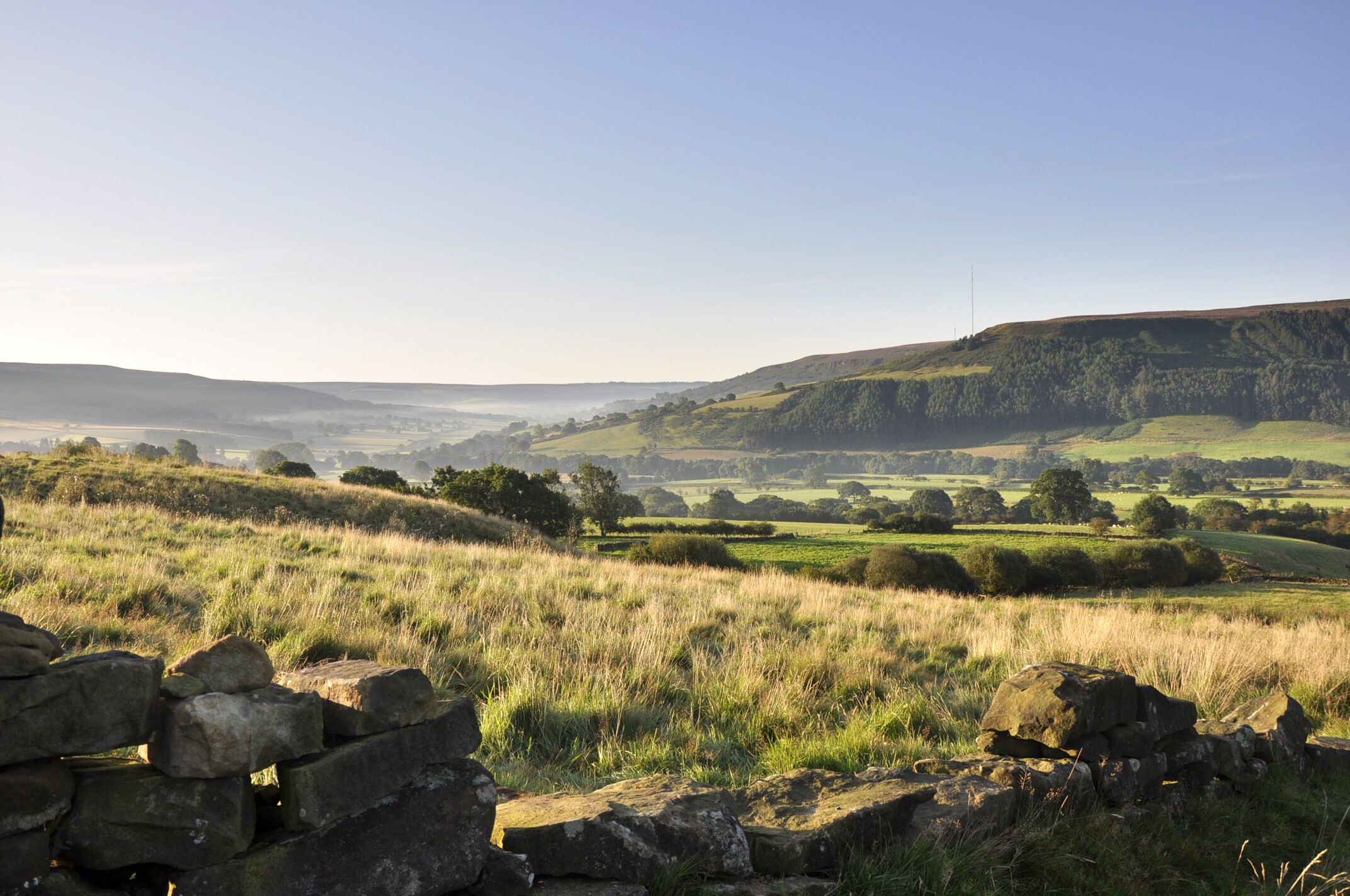 A rural landscape with rolling hills, stone walls, and a clear sky.