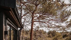A wooden deck with two Adirondack chairs and a hot tub. - Luxurious Tree Top Cabin by the Lake (Iveland)