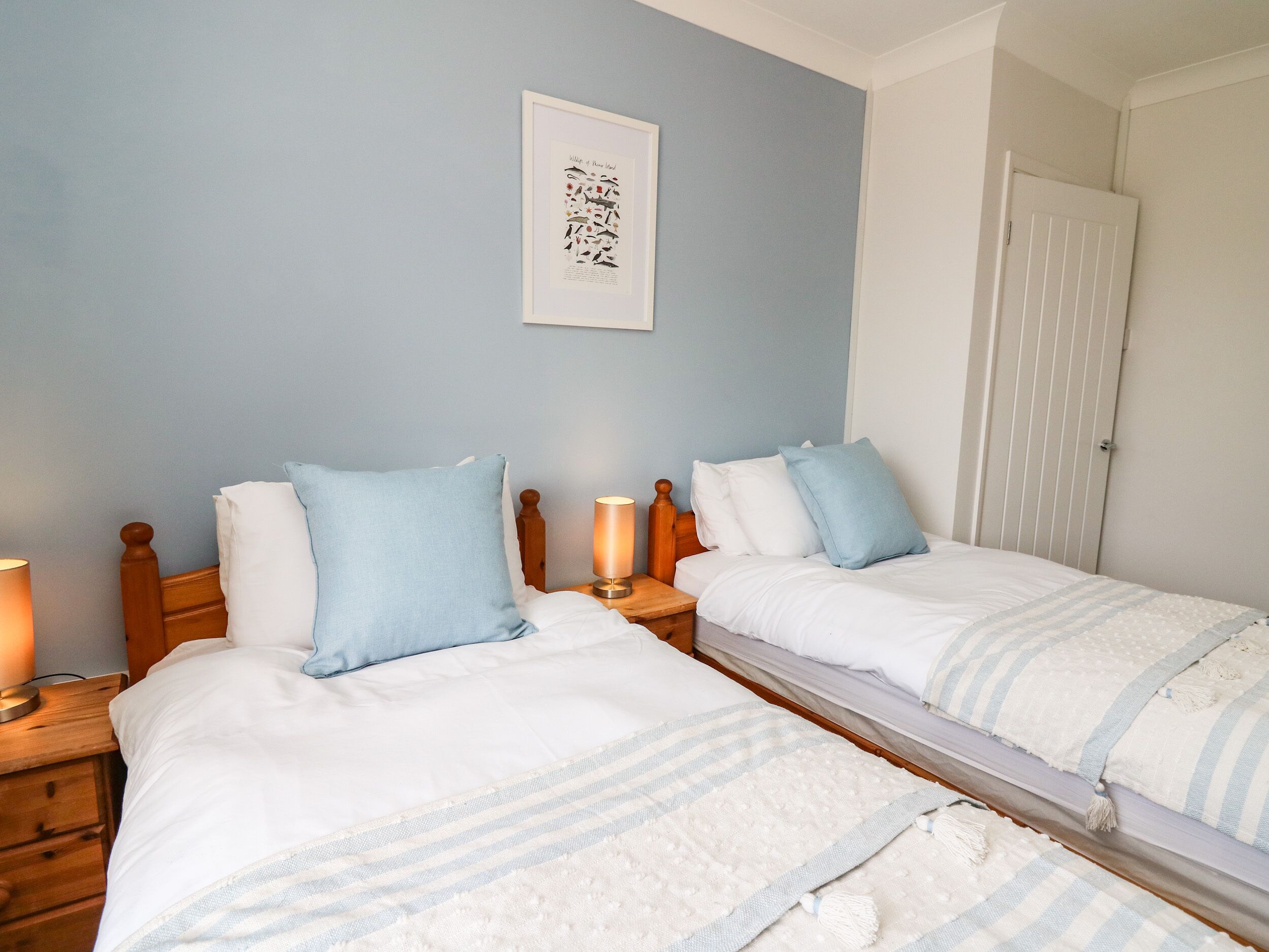 A bedroom with two beds, each with a wooden headboard, white bedding, and blue pillows. There is a bedside table with a lamp on each side of the beds.