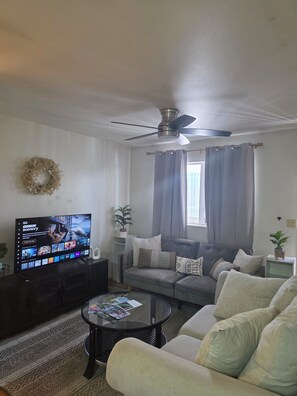 A living room with a flat-screen TV, a ceiling fan, a grey sofa, a coffee table, and a patterned rug.