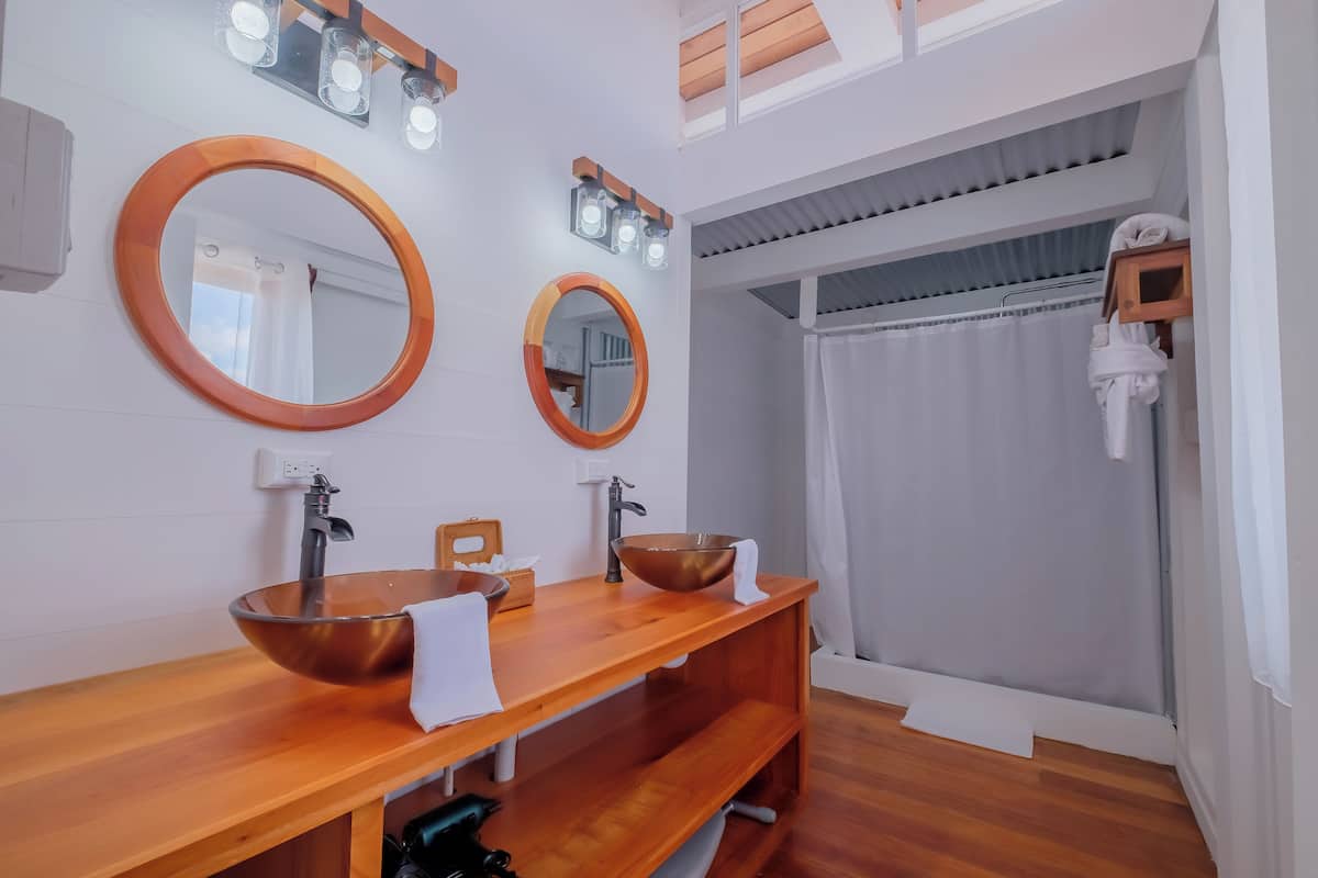 Shower, free toiletries, hair dryer, bathrobes