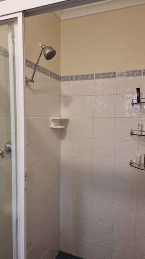 Ducha, secador de pelo, toallas y jabón