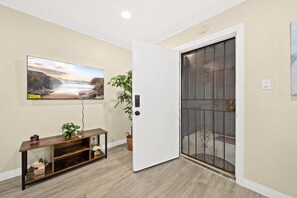 Un pasillo con una consola de madera, una planta en maceta y una puerta con reja de metal.