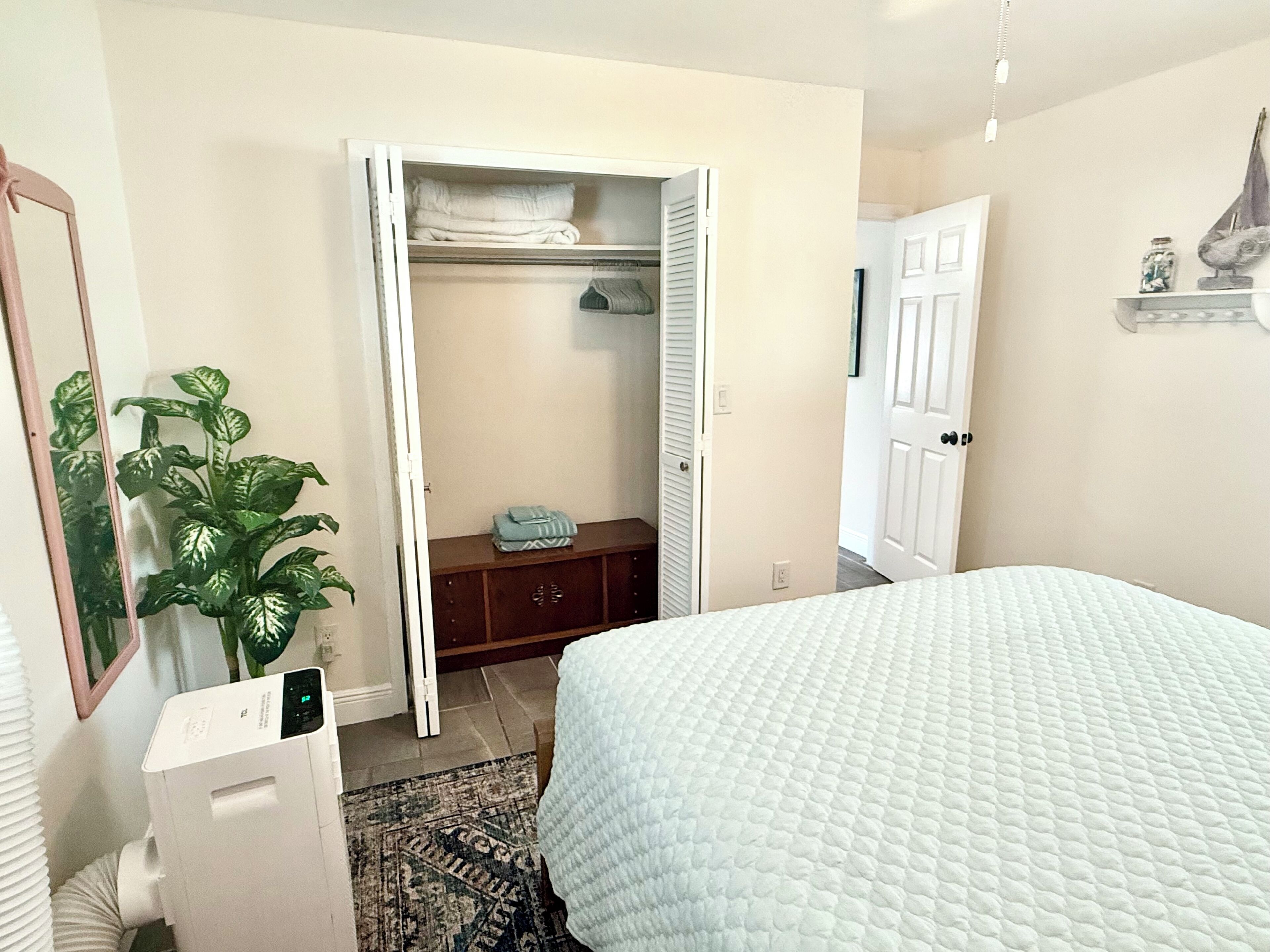 A bedroom with a bed, a wardrobe, a mirror, and a plant.