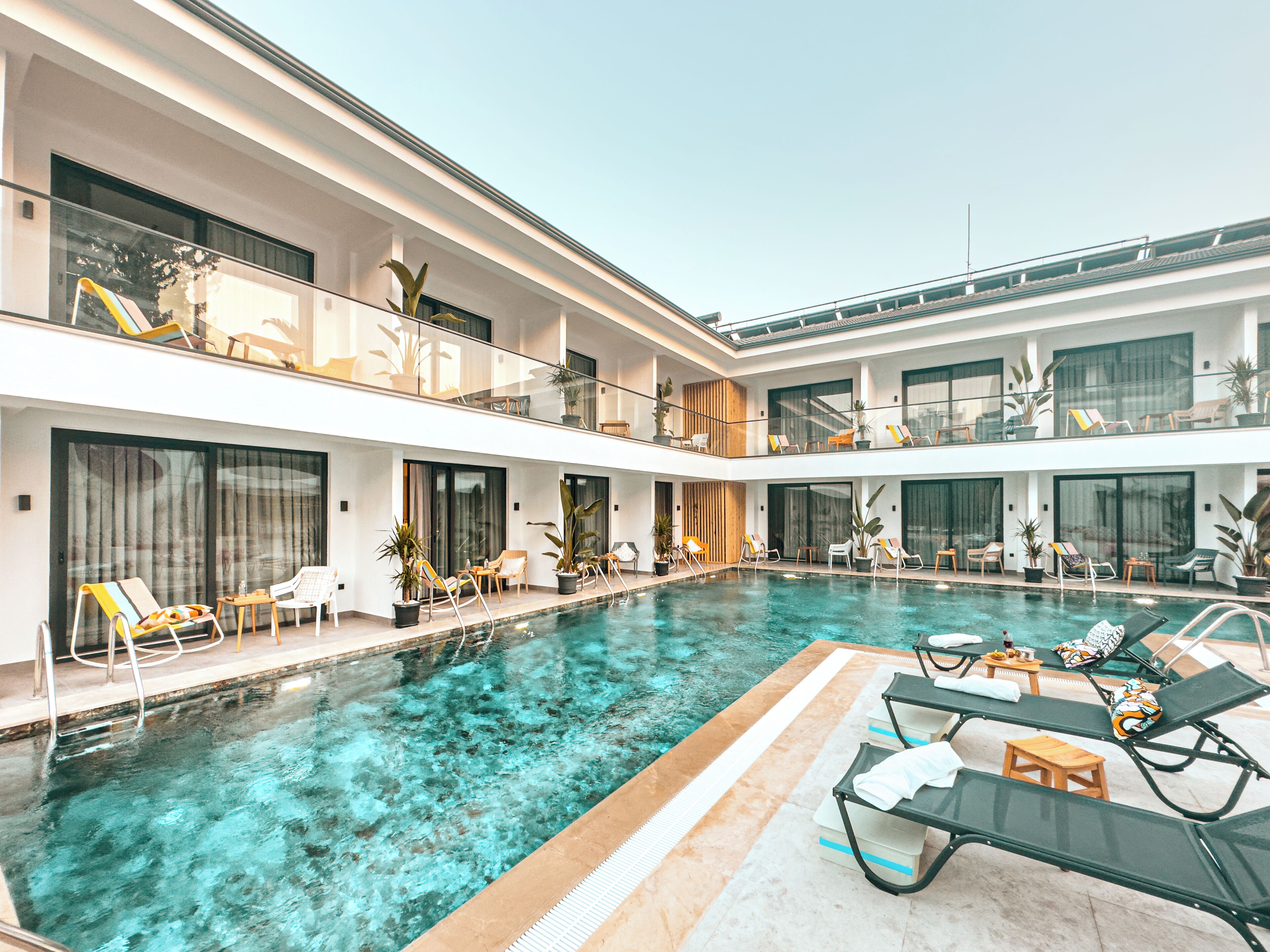 Outdoor pool, pool umbrellas, pool loungers