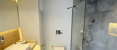 A modern bathroom with a glass-enclosed shower, a standalone toilet, and a large bathtub.