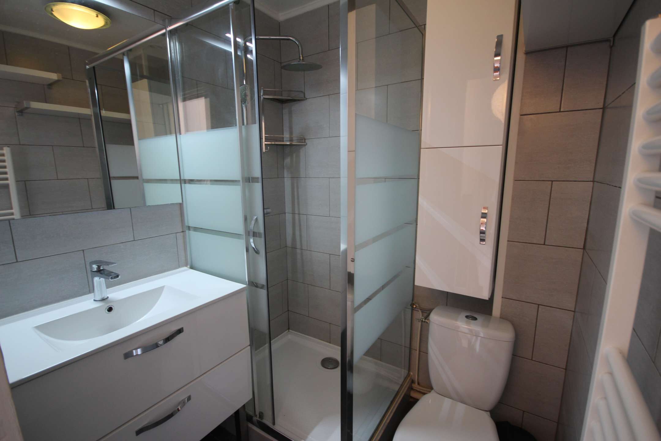 Et moderne badeværelse med en glasafskærmet brusekabine, en hvid vask og et toilet.