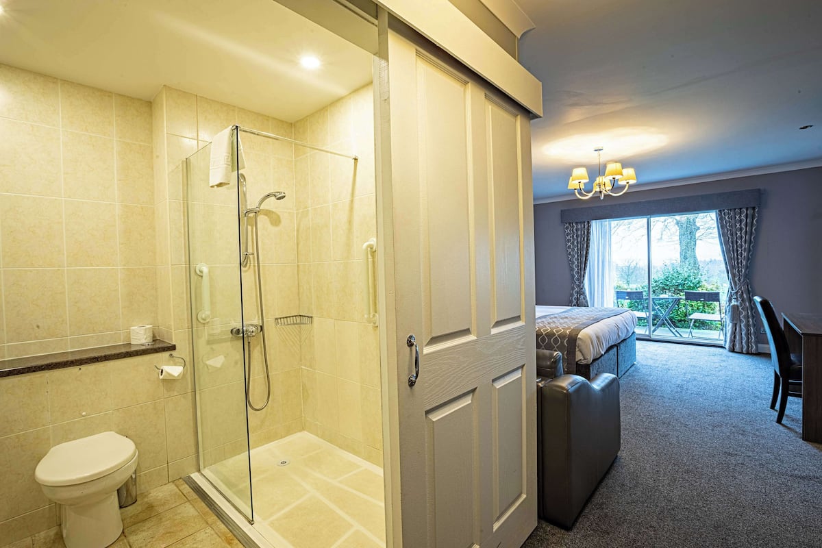 A hotel room with a glass-enclosed shower, a toilet, a bed, a desk, and a view of the outdoors.