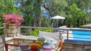 Une table placée au bord de la piscine, avec différents plats et une plante en pot.