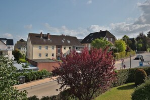 A residential area with a row of houses, a paved driveway, and a tree with red leaves.