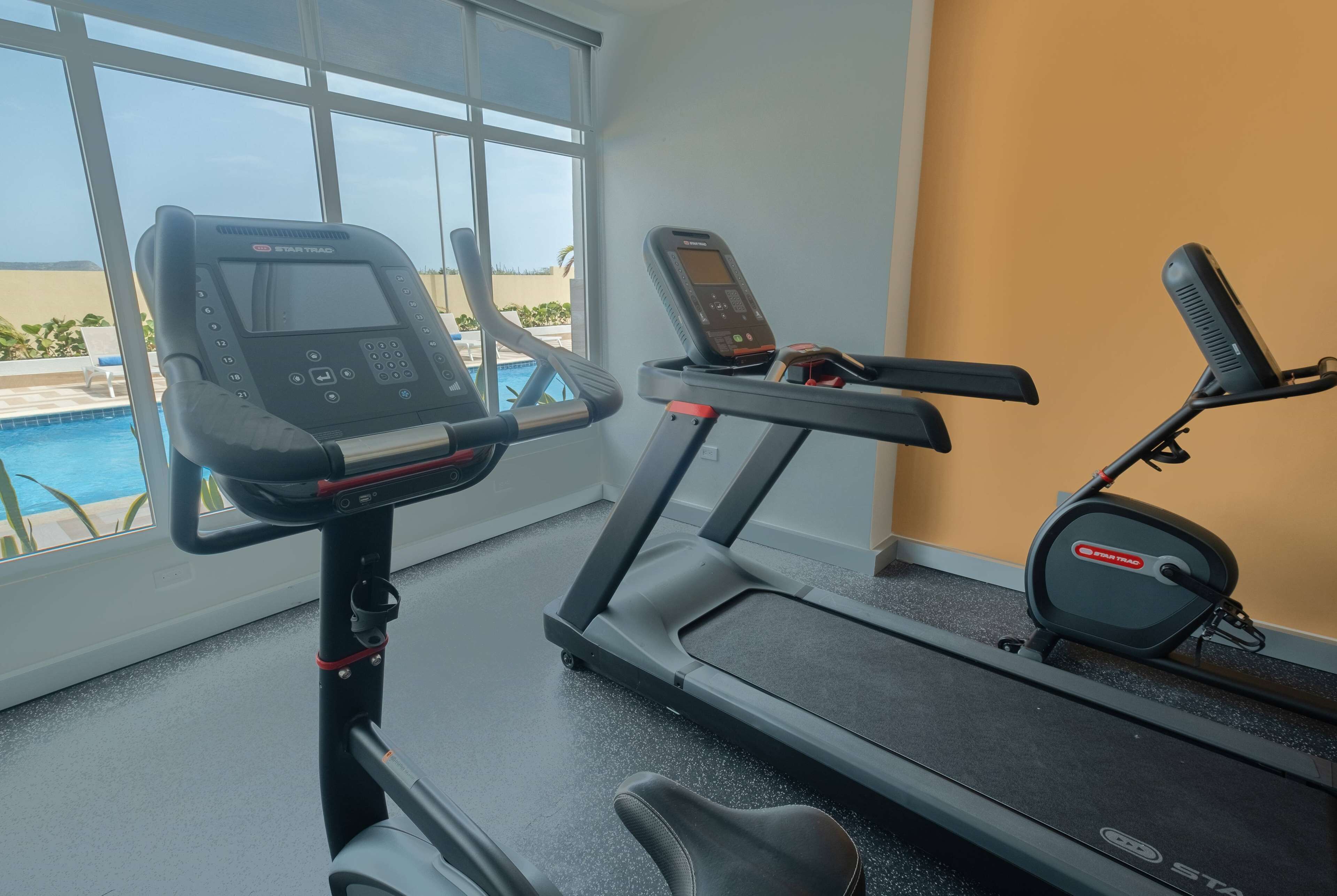 Un gimnasio con cinta de correr y elíptica, amplias ventanas con vista a una piscina.