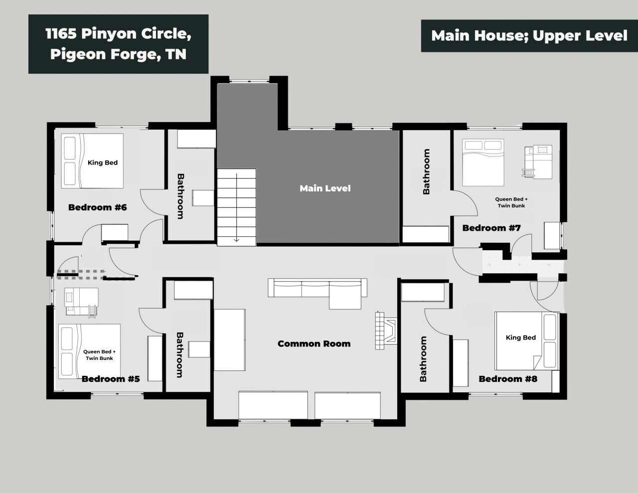A floor plan of a main house with an upper level, including bedrooms, bathrooms, a common room, and a main level.
