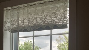 A window with a lace curtain, a vase with flowers, and a view of a lake and trees.