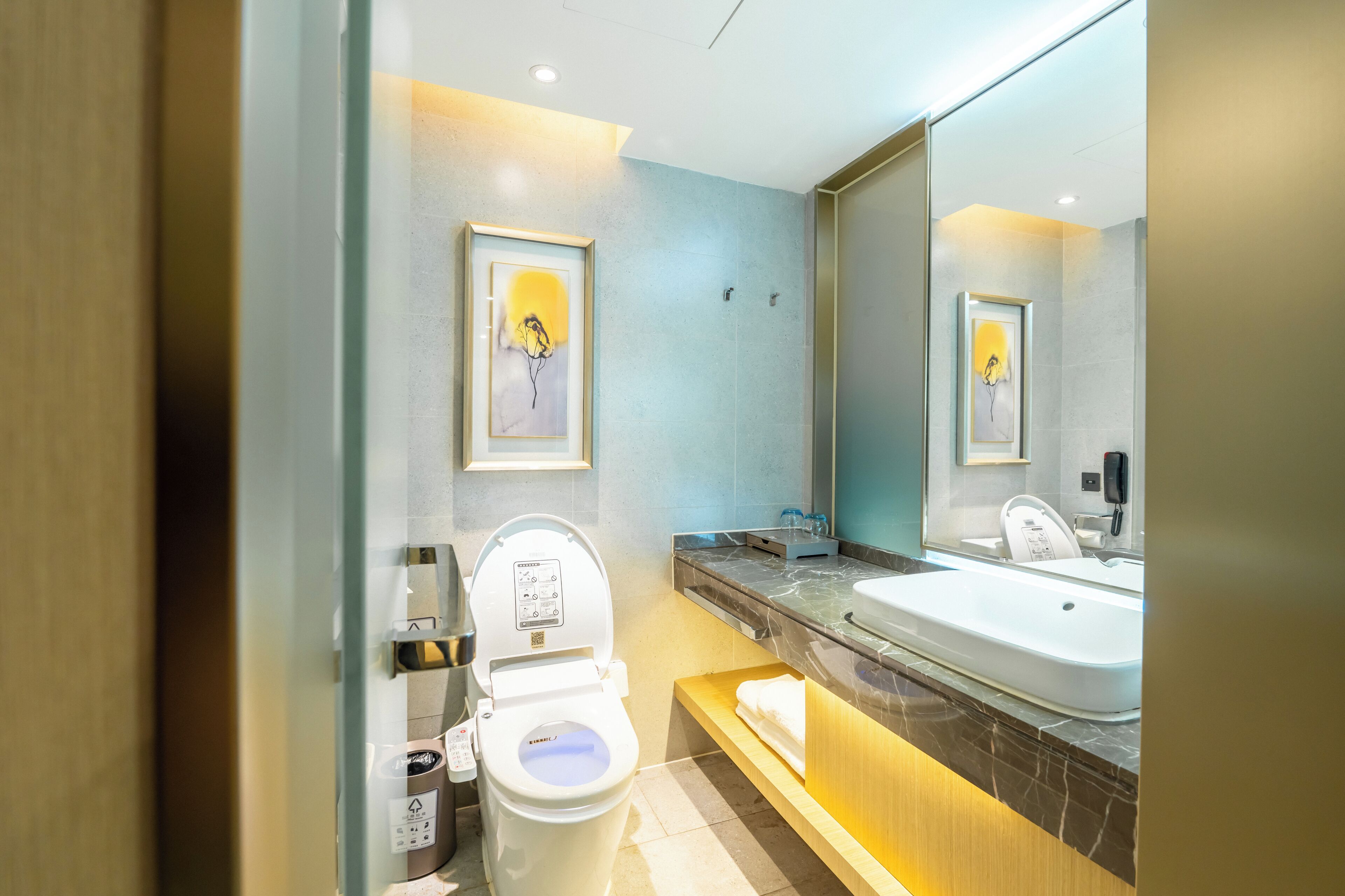 A modern bathroom with a toilet, sink, and mirror.