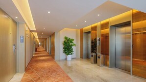 A hotel corridor with a long hallway, elevators, and a potted plant. - K-house Hotel (Guangzhou)