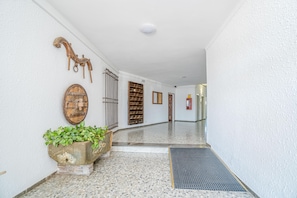 Un couloir avec un mur blanc, une sculpture équestre en bois, une porte en bois, un portail en métal et un bac en béton contenant des plantes vertes.