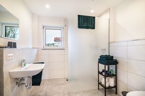 Shower, hair dryer, towels