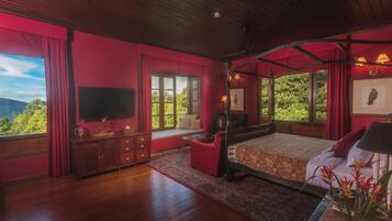 A bedroom with a large bed, a TV, a window seat, and a view of the outdoors.