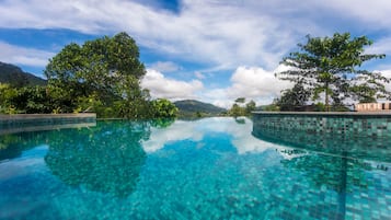 Outdoor pool, pool umbrellas, pool loungers