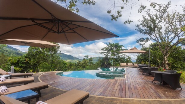 A wooden deck with lounge chairs and umbrellas, overlooking a pool and lush greenery. - Kandy Dendrobium House (Puliyadda)