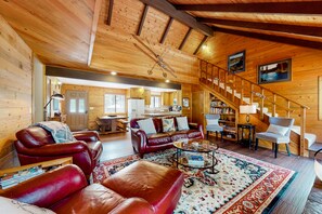 Télévision, cheminée, lecteur de DVD, livres