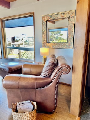 Comfy oversized chair with ottoman.