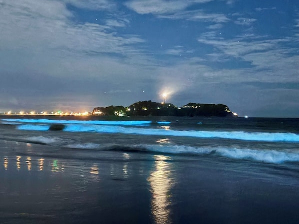 Una playa con olas, una estructura iluminada a lo lejos y un cielo nublado.